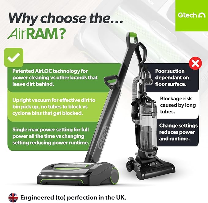 Gtech AirRAM MK2 Cordless Vacuum Cleaner with Powered Brush Head - Perfect for Carpet and Hardwood Floors - Rechargeable 22v Li-ion Battery - Lightweight (7 lbs.)
