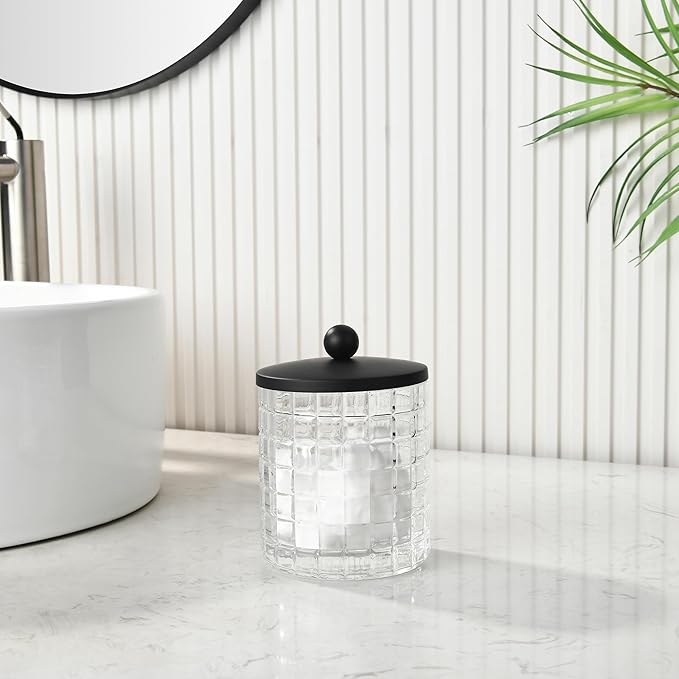 Glass Cotton Jar Holder Matte Black Lid, Elegant Bathroom Storage Canister for Qtips, Cotton Balls, Floss, Makeup Organizer, Vanity Bathroom Organization