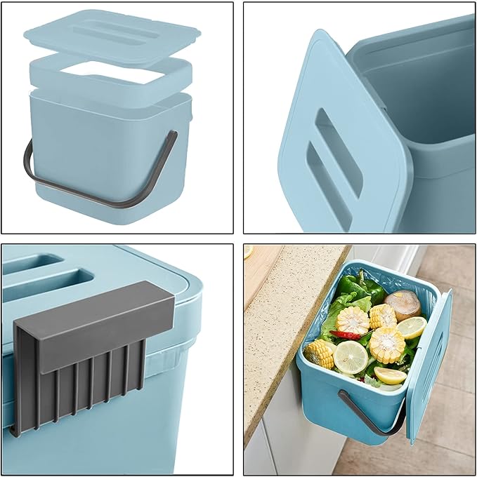 LALASTAR Kitchen Compost Bin, Hanging Trash Can with Lid for Kitchen Cabinet Door, Under Sink, Wall Mounted Waste Bin for Bathroom, 1.8 Gallon, Blue