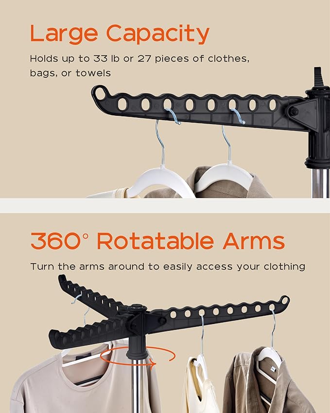 Clothes Drying Rack Foldable, 59 inch Tripod Laundry Drying Rack Indoor with Rotating Clothes Rail for 27 Pieces of Clothes, Space Saving, Stainless Steel, Black and Silver CDR001B01