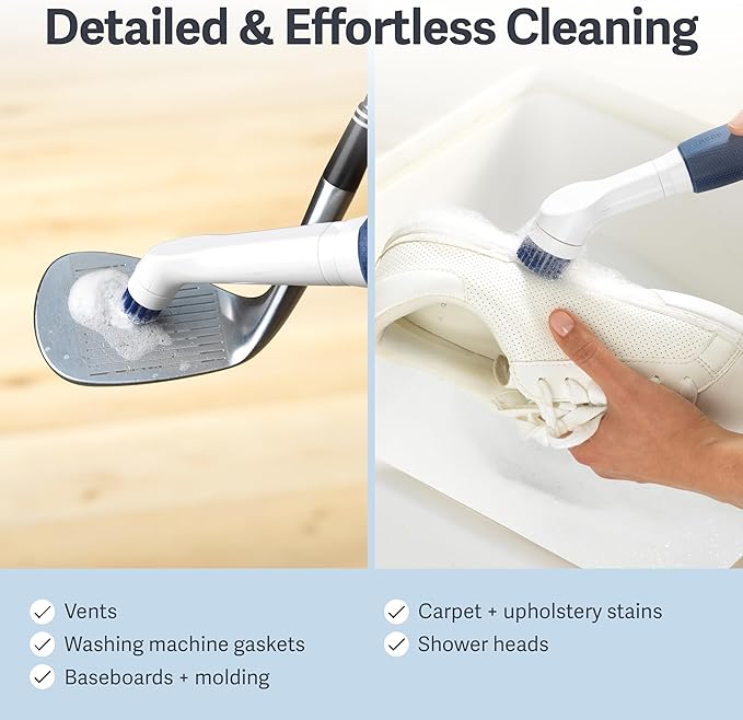 Casabella Power Scrubber Handheld Electric Spin Detail Scrubber for Cordless Cleaning Ergonomic Construction IPX 6 Water Resistance 440RPM Includes 3 Cleaning Heads, 10.4-Inch, White