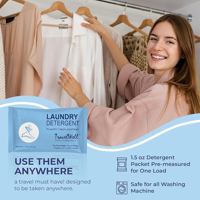 Travel Well Laundry Detergent Powder Packets - TSA-Approved Hotel & Bulk Laundry Detergent Pack - Individually Packaged Paraben-Free Stain Remover Packets - Pack of 100, 1.5 Oz
