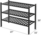 ROMGUAR CRAFT 3 Tier Bamboo Shoe Rack for Closet Free Standing Wood Shoe Shelf Storage Organizer for Entryway Small Space Stackable 27"x11"x20" (Black)