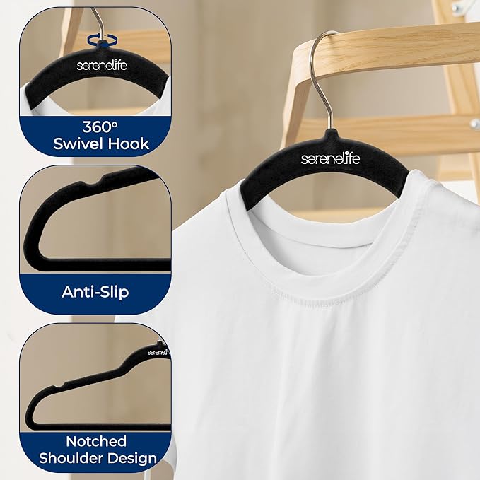 30 Pieces Velvet Hangers - Space Saving Heavy Duty Slim Suit Clothes Hanger Set with 360 Degree Swivel Metal Hook, Can Hold Up to 10 Lbs. for Coats, Jackets, Pants & Dress (Black)