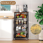 Fruit Basket, 5-Tier Utility Kitchen Organizer and Storage Cart with Pull-Out Baskets and Wood Top, Rolling Pantry Kitchen Cart on Wheels for Fruit Potato Onion Vegetable Snack Produce