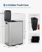 GarveeHome 2 x 8 gal Stainless Steel Double Trash Can with Lid for Kitchen, Large Dual Trash and Recycle Bin Combo, Step-on Kitchen Metal Garbage Cans, PP Inner Buckets, Liner Rim, Silver