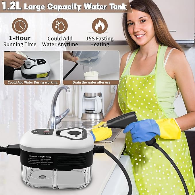 Portable Steam Cleaner, 2500W Pressurized Handheld Steam Cleaner with 1.2L Water Tank, 6 Levels Steam Output, 15s Fast Heating Steamer for Cleaning Home Furniture, Bathroom, Car Detailing (White)