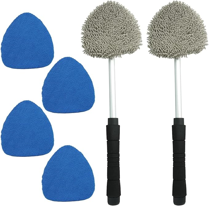 JOYFUL&HOPEFUL Car Windshield Cleaning Tool, Car Inside Window Cleaner Tool with Extendable Handle, 4pc Microfiber and 2pc Chenille, Car Interior Cleaner Tool Anti Fog, Streaks Free