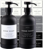 16oz Glass Soap Dispenser with Stainless Steel Pump, 21 Waterproof Labels, Non-Slip Protective Silicone Pad, Set of 2 for Bathroom & Kitchen (Matte Black Bottle/Black Pump)