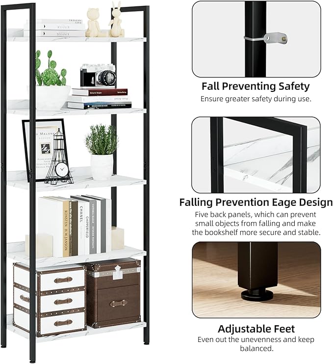 NUMENN Bookshelf, 5 Tier Bookshelves, Home Office Bookcase Shelf Storage Organizer, Free Standing Storage Shelving Unit for Bedroom, Living Room and Home Office, White Marble