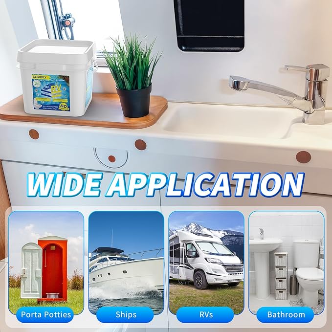 RV Toilet Treatment Drop Ins, Extra Strength Septic Tank Treatment & Cleaner, Waste Breakdown/Odor Control, RV Black Tank Treatment for RVs, Boats & Portable Toilets, Odor Eliminator (50 Pack)