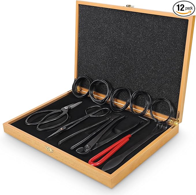 Bonsai Tools Set with Wood Box 12PCS Heavy Duty Bonsai Tree Kit, Trimming Scissor Shears, Concave Cutter, Wire Rolls, Wire Cutter and More, Gardening Pruning & Care Kit