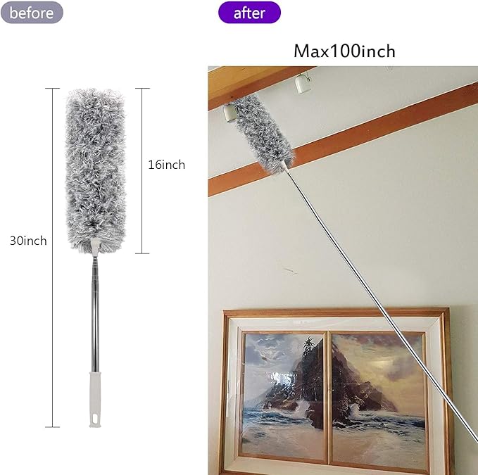 Microfiber Ceiling Fan Cleaner with 30–100" Telescopic Pole – Extendable Duster for High Ceilings and Fans, Bendable Washable Head, Reusable Cleaning Tool for Furniture, Cars, Keyboard