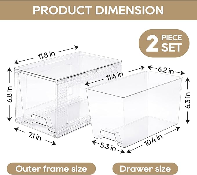 JollyPack 2 Pack Clear Stackable Storage Drawers, Easy to Assemble Multi-Use Bathroom Organizers and Storage, Suitable for Vanity, Bathroom, Makeup, Under Sink, Office, Kitchen and Pantry
