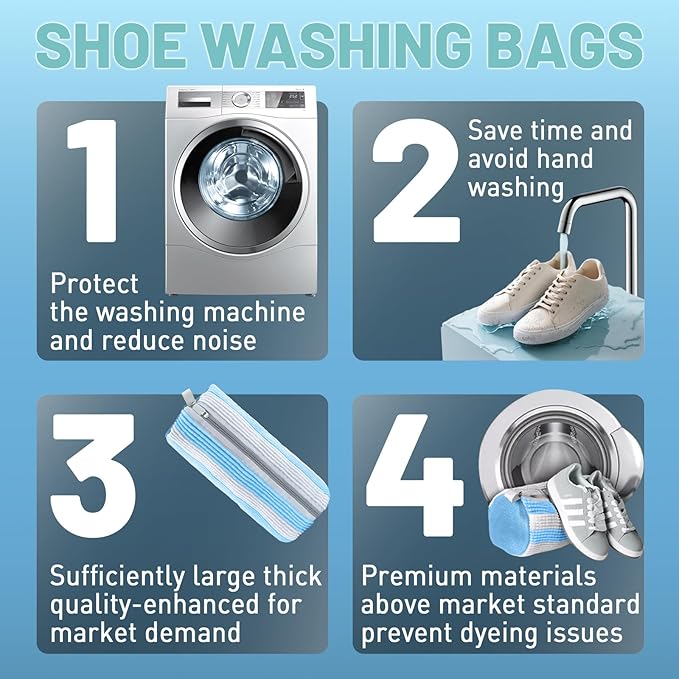 XXL Shoe Washing Machine Bag, Laundry Shoe Bag for Washer and Dryer, Laundry Shoe Bag Protect Sneaker, Running Shoes, Bras, Delicates and Toys, Includes 2 Shoes (BlueWhiteAlternating 2 Pack)