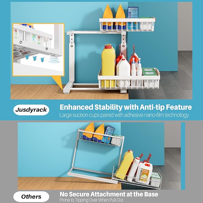 2 Packs Under Sink Organizer,Small Shelf for narrow spaces,2 Tiers Pull Out Under Cabinet Organizer,Adjustable Height,Slide Out Thickened Metal Under,White