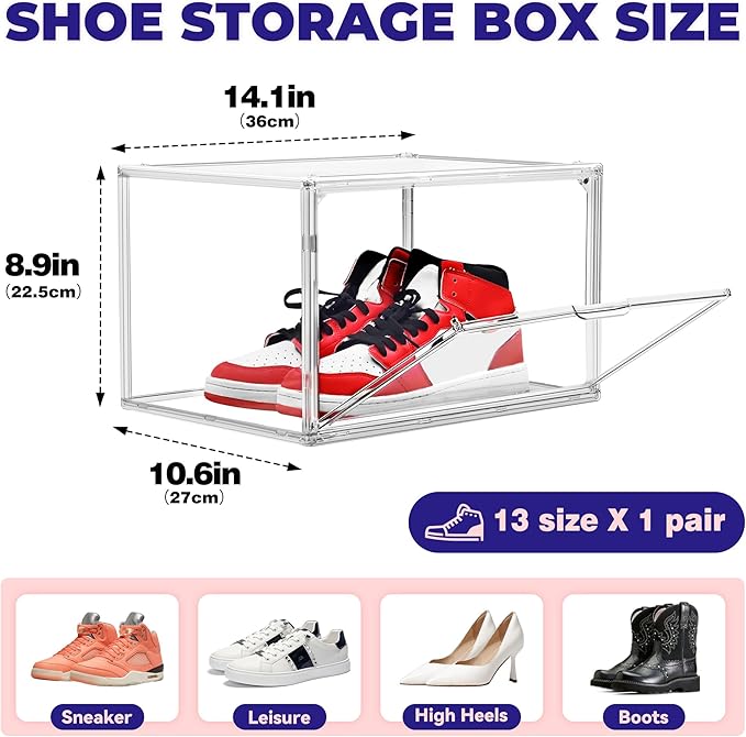 6 Pack Acrylic Clear Shoe Storage Box Stackable Large Sneakers Display Case with Magnetic Door Hat Boxes Shoe Organizer for Closet, Fit up to US Size 13