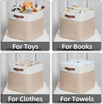 HNZIGE Set of 4 Fabric Storage Baskets (4 Pack), Large Baskets for Shelves, 13x13x13 Inch Storage Cubes with Leather Handles for Home, Toys, Clothes, Kids Room, Closet Storage (White & Beige)
