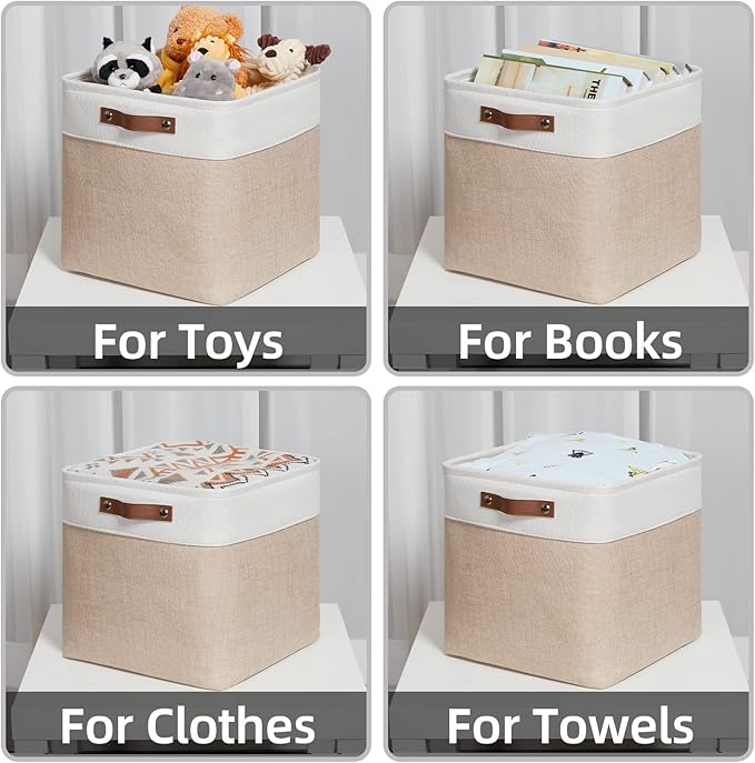 HNZIGE Set of 4 Fabric Storage Baskets (4 Pack), Large Baskets for Shelves, 13x13x13 Inch Storage Cubes with Leather Handles for Home, Toys, Clothes, Kids Room, Closet Storage (White & Beige)