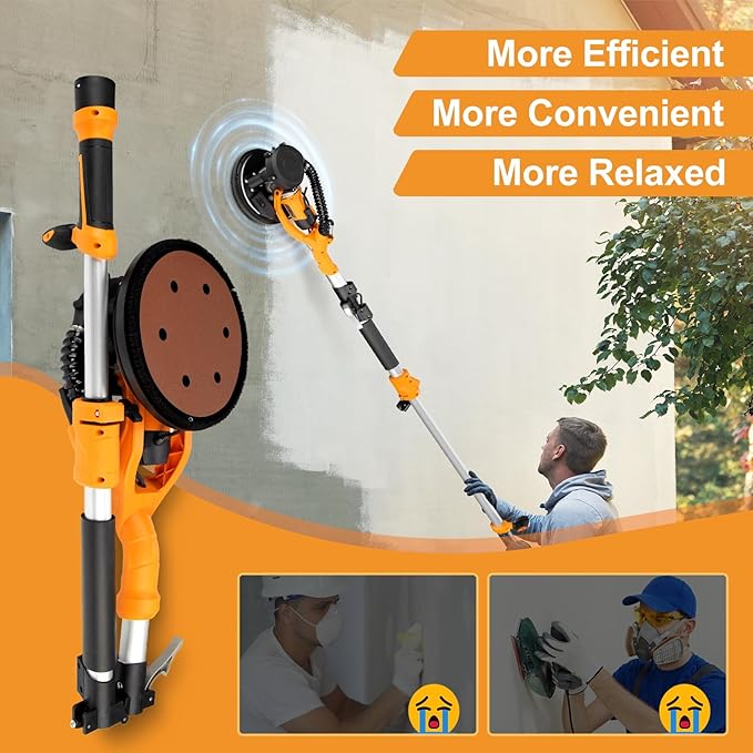 Electric Drywall Sander, 2200RPM Drywall Sander with Vacuum, 1000W Automatic Dust Collector with LED Light, Foldable Popcorn Ceiling Removal Tool with 6 Variable Speed &15Pcs Sanding Discs