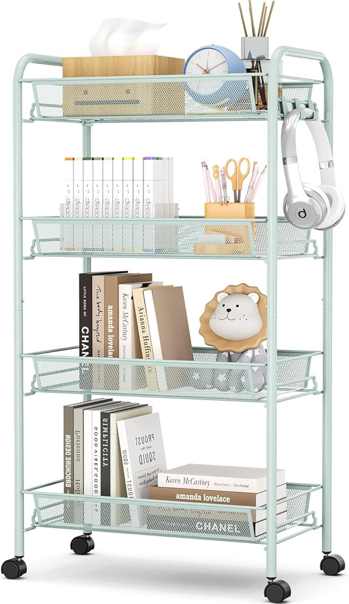 TOOLF 4-Tier Rolling Cart, Metal Utility Cart with 3 Hooks, Easy Assemble Mobile Storage Trolley On Wheels, Metal Shelving Units Kitchen Bathroom Laundry Room