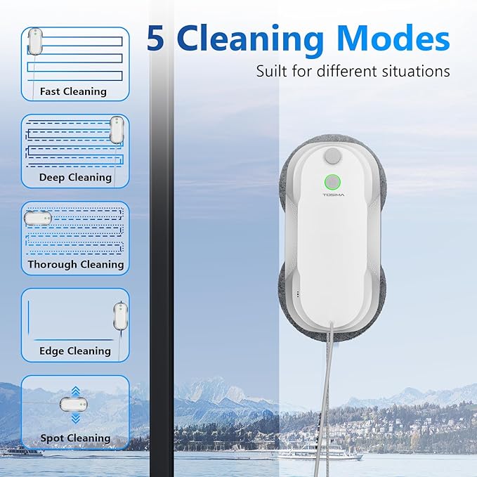 Tosima W5 Window Cleaning Robot, Dual Direction Auto-Spray Smart Window Cleaner with Triple Safety System, Smart Navigation, Remote Control, for All Smooth Surfaces, with 8 Rags, White