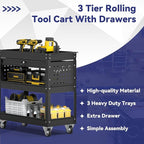 3 Tier Rolling Tool Cart with Drawer, 450 LBS Heavy Duty Utility Cart on Wheels, Service Cart for Garage, Workshop and Warehouse (Black)