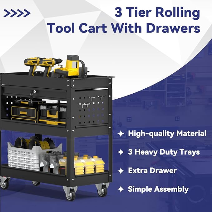3 Tier Rolling Tool Cart with Drawer, 450 LBS Heavy Duty Utility Cart on Wheels, Service Cart for Garage, Workshop and Warehouse (Black)