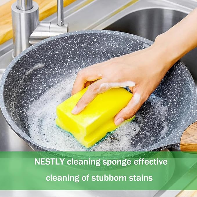 Sponges, Eco Non-Scratch Sponges Scrub Pads, Sponges for Cleaning Kitchen and Dish Cleaning,12 Scrubbing Sponges+ Draining Rack