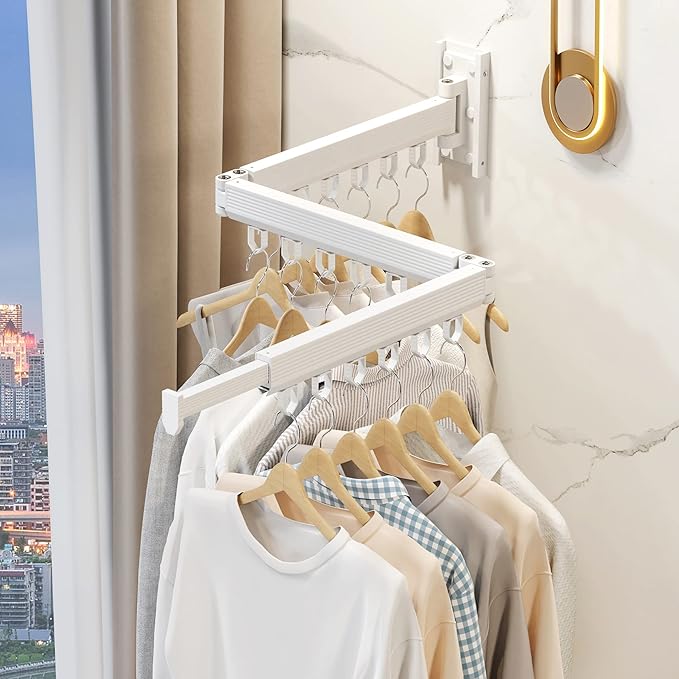 Wall Mounted Clothes Drying Rack, Retractable Laundry Rack for Hanging Clothes, Collapsible, Foldable, White-Rings