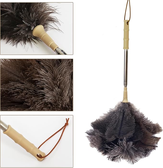 Aldwin Ostrich Feather Duster with Extension Pole Up to 43 inch, Genuine Fluffy Natural Reusable Handheld Feather Dusters for Cleaning Supplies, Washable, Car, Office, Desk, Blinds