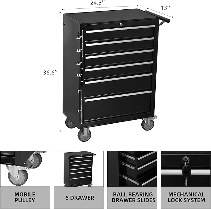 Tool Chest Cabinet, Large Capacity Metal Tool Box with Wheels and Cylinder Locking, Roll Around Storage Organizer Tool Cart for Garage, Redtool cabinets on Wheels (Black, 6-Drawer-Wheel)