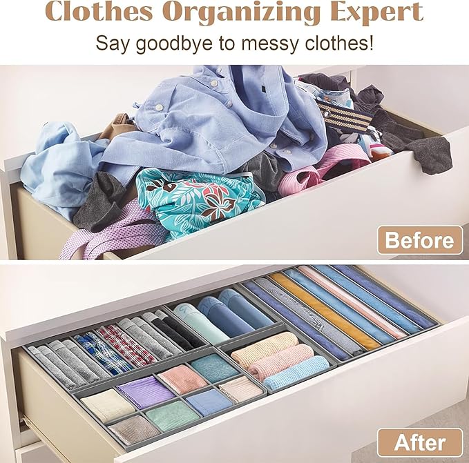 8 Pack Foldable Drawer Organizer - Light Gray Fabric Bins for Clothes, Underwear, Socks & More