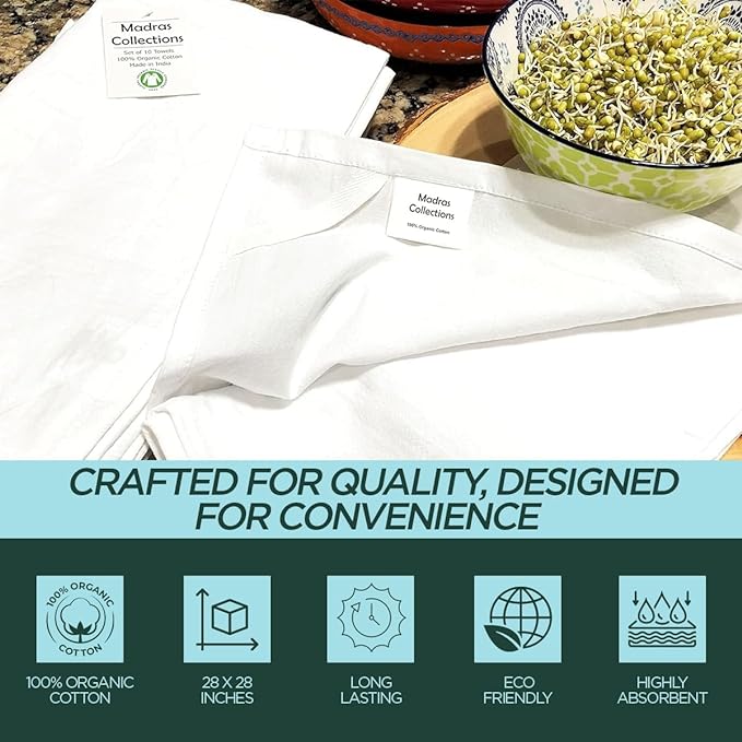Flour Sack Kitchen Towels |Organic Cotton Blank Towel| Tea Towel Crafting Embroidery|Flat Thick Absorbent Quick Dry | Baking Bread Proofing Breathable Linen Cloth Cover Set of 10, 28 x 28 Inch, White