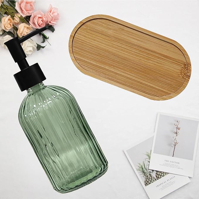 Glass Hand and Dish Soap Dispenser Set of 2 with Plastic Pumps, Bamboo Tray, 13.5oz Green Bathroom Soap Dispenser with Vertical Stripe for Hand Wash & Dish Wash, Ideal for Bathroom Kitchen Countertop