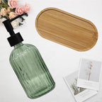 Glass Hand and Dish Soap Dispenser Set of 2 with Plastic Pumps, Bamboo Tray, 13.5oz Green Bathroom Soap Dispenser with Vertical Stripe for Hand Wash & Dish Wash, Ideal for Bathroom Kitchen Countertop