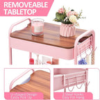 TOOLF 3-Tier Rolling Cart with Table Top, Metal Storage Cart on Wheels, Utility Organizer with Wooden Tray, Lockable Casters, Easy Assembly for Bathroom, Living Room, Office, Bedside, Pink