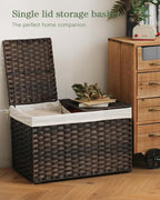 Storage Basket with Lid Rattan Woven Storage Baskets with 2 Separate Lids, 17.2 Gallon (65 L), 22 x 13 x 13.8 Inches,Foldable, 2 Removable Liner Bags Handles for Bedroom, Laundry Room Brown