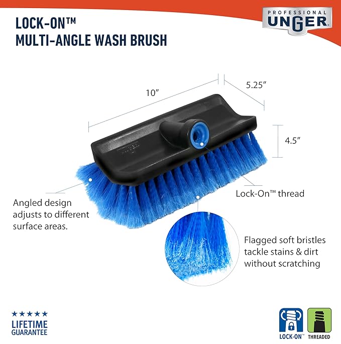 Unger Professional Lock-On HydroPower 10” Bi-Level Soft Wash Brush, Compatible with Waterflow Poles, Outdoor Cleaning Supplies, Great for Patios, Siding, Windows, Cars, and Boats