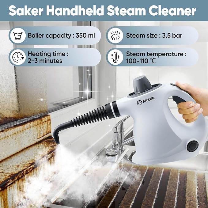 Saker Handheld Steam Cleaner,Portable Steam Cleaner for Home,Powerful 1050W Steam Cleaner Set,Includes 9 Attachments for Quick Heating & Deep Cleaning of Floors, Cars, and Kitchen(5 Fiber Cloths)
