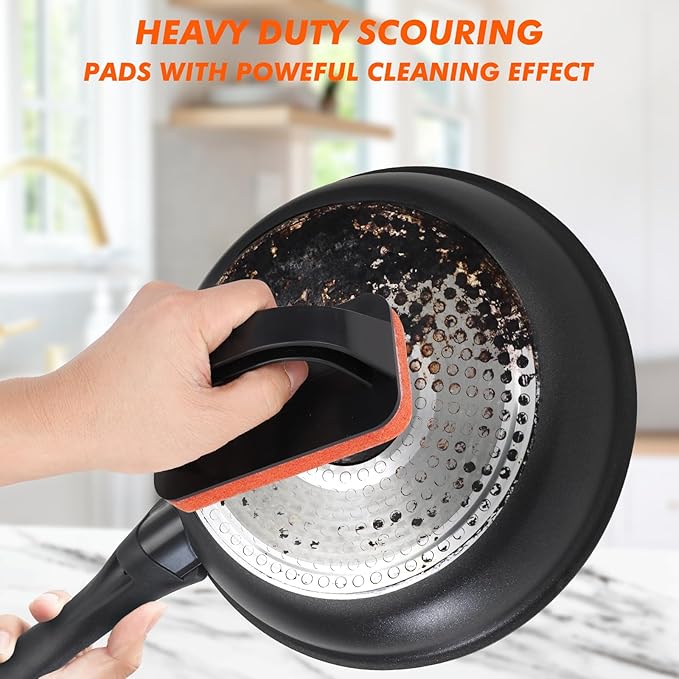 Non-Scratch Scouring Pads with Handle, Reusable Cleaning Scrubbers, Heavy Duty Scrubbing Pads for Cleaning Pans, Pots, Ovens, Grills, Griddles- 5 Scrub Pads and 1 Handle