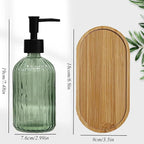 Glass Hand and Dish Soap Dispenser Set of 2 with Plastic Pumps, Bamboo Tray, 13.5oz Green Bathroom Soap Dispenser with Vertical Stripe for Hand Wash & Dish Wash, Ideal for Bathroom Kitchen Countertop