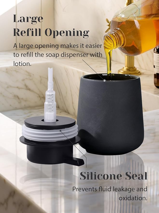INGOFIN Ceramic Lotion Dispenser - 12oz Refillable Hand Soap Dispenser Bathroom, Modern Liquid Soap Dispenser with Pump, Dish Dispenser for Kitchen, Matte Grey