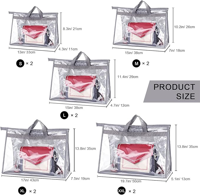 LASZOLA 10Pcs Clear Handbag Storage Organizer Dust Cover Bags, 5 Sizes Transparent Purse Protector Storage Bag with Zipper and Handle for closet shelf, Dustproof and Moistureproof, Grey