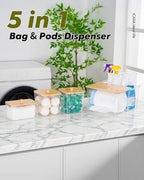 Trash Bag Dispenser Dishwasher Pod Holder - 5 in 1 Plastic Garbage Bag Under Sink Organizer, Acrylic Dryer Sheet Balls Laundry Pods Container with Bamboo Lid, Pantry Organizers and Storage Box