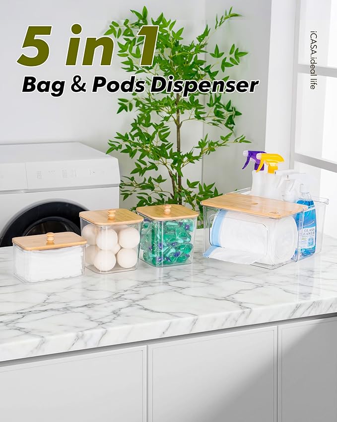 Trash Bag Dispenser Dishwasher Pod Holder - 5 in 1 Plastic Garbage Bag Under Sink Organizer, Acrylic Dryer Sheet Balls Laundry Pods Container with Bamboo Lid, Pantry Organizers and Storage Box