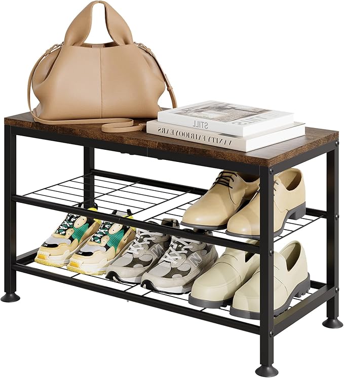 3-Tier Shoe Rack Bench - Entryway Organizer with Shoe Storage, Sturdy Shoe Shelf for Front Door, Small Space Saving Furniture, Brown, 27.2" x 12.0" x 15.9"