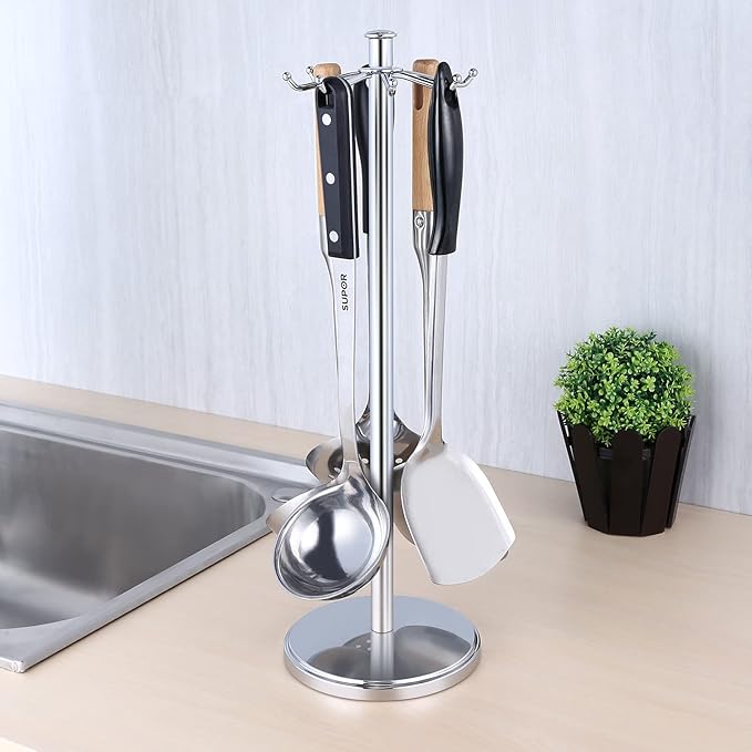 Kitchen Countertop Utensil Holder, Stainless Steel Rotatable Cooking Utensils Holder with 8 Rotating Hooks, Hanging Organizer for Spoon, Spatula, Soup Ladle, Spaghetti Server, Skimmer, Chrome