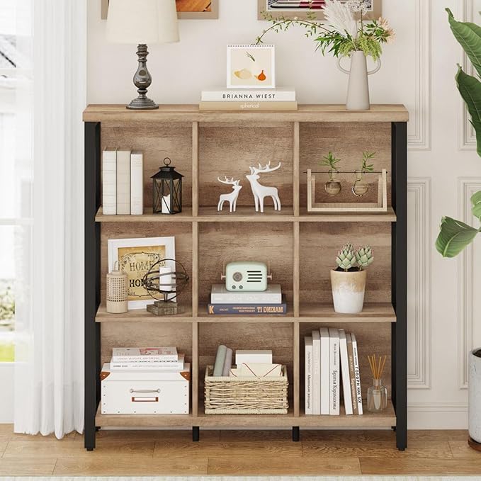 FATORRI 9 Cube Storage Bookshelf, 4 Shelf Book Shelf, Farmhouse Wood and Metal Cubby Bookcase for Home Office Kitchen (39.37 Inch W, Rustic Oak)