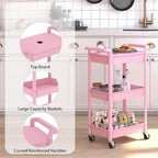 3-Tier Utility Rolling Cart with Cover Top Board, Mobile Utility Cart with Lockable Casters Multi-Functional Storage Trolley for Office, Bathroom, Kitchen, Garden, Laundry Room (Pink)